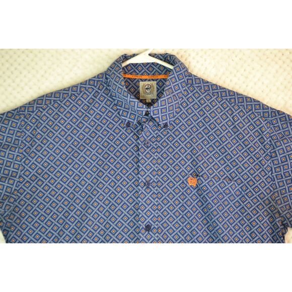 Cinch Men's Large Blue Orange Diamond Pattern Short Sleeve Button Down Shirt - Picture 2 of 13